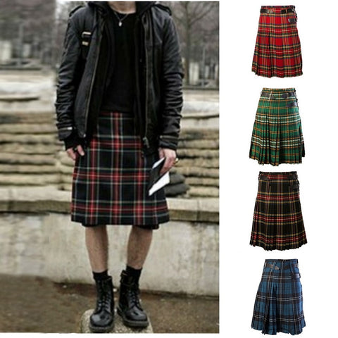 SHUJIN Scottish Mens Kilt Traditional Plaid Belt Pleated Bilateral Chain Brown Gothic Punk Scottish Tartan Trousers Skirts 2019